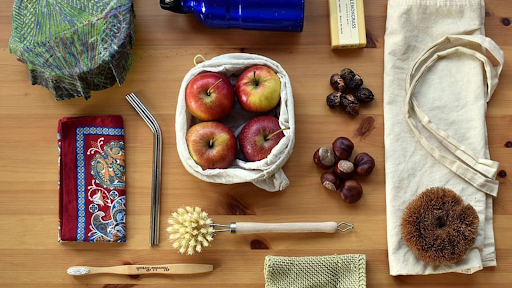 Items on a table from a zero waste shop. ie: no plastic packaging on food items.